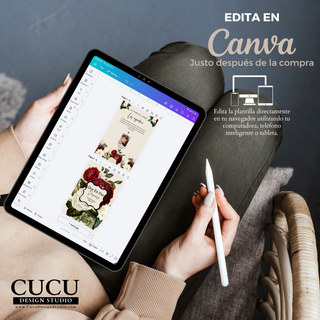 Plantilla de tarjeta funeraria editable en Canva desde celular o computadora, personalización rápida con foto y texto, descarga digital. / Editable funeral card template in Canva on phone or computer, easy customization with photo and text, instant download.