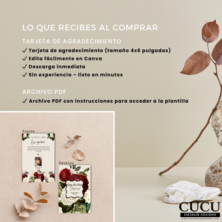 Incluye tarjeta de agradecimiento tamaño 4x6, descarga digital con acceso inmediato y edición fácil en Canva sin experiencia. / Includes 4x6 thank you card, instant digital download with easy editing in Canva, no experience needed.