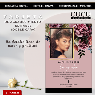 Tarjeta de agradecimiento funeraria editable en Canva con diseño floral rosa elegante y foto conmemorativa, descarga digital instantánea. / Editable funeral thank you card Canva template with elegant pink floral design and memorial photo, instant download.