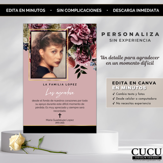 Plantilla de tarjeta de agradecimiento funeral con flores elegantes, personalizable sin experiencia, edición rápida en Canva. / Funeral thank you card template with elegant flowers, easy to customize, quick Canva editing.