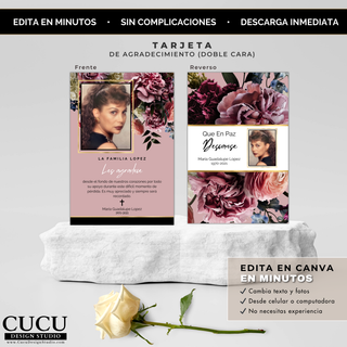 Diseño doble cara de tarjeta funeraria con frente y reverso, estilo floral sofisticado y foto conmemorativa editable. / Double-sided funeral card design with front and back, sophisticated floral style and editable memorial photo.