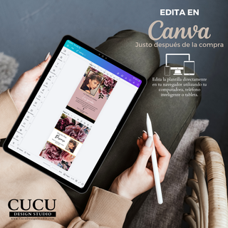 Edición de plantilla funeraria en Canva desde tablet, fácil personalización en minutos desde cualquier dispositivo. / Editing funeral template in Canva on tablet, easy customization in minutes from any device.
