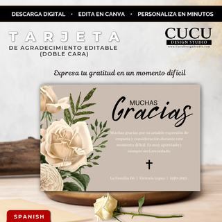 Tarjeta de agradecimiento funeral editable en Canva con diseño floral beige elegante, texto “Muchas Gracias” y detalles suaves para honrar a un ser querido. / Editable funeral thank you card template in Canva with elegant beige floral design, “Muchas Gracias” text and soft details to honor a loved one.
