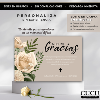 Plantilla funeraria personalizable en Canva sin experiencia, fácil de editar con texto, fotos y mensajes desde cualquier dispositivo. / Easy-to-edit funeral template in Canva, personalize text, photos and message from any device with no experience needed.