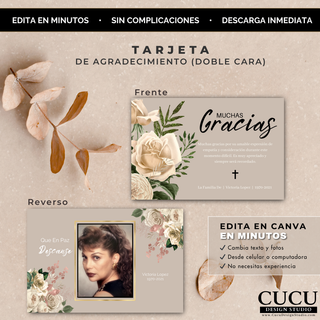 Tarjeta de agradecimiento funeral doble cara con diseño frente y reverso, incluye espacio para foto y mensaje con estilo floral elegante. / Double-sided funeral thank you card with front and back design, includes space for photo and message with elegant floral style.