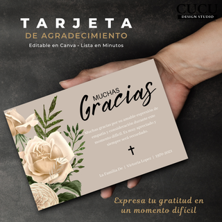Tarjeta de agradecimiento elegante sostenida en mano, diseño floral beige que transmite gratitud en momentos difíciles. / Elegant funeral thank you card held in hand, beige floral design expressing gratitude during difficult moments.