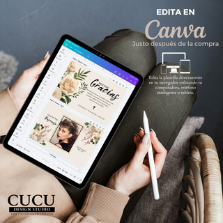 Plantilla de tarjeta de agradecimiento funeral editable en Canva mostrada en tablet, fácil de personalizar desde celular, computadora o tablet con foto y texto, descarga digital inmediata. / Editable funeral thank you card Canva template displayed on tablet, easy to customize on phone, computer or tablet with photo and text, instant digital download.