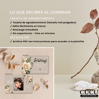 Incluye tarjeta de agradecimiento 4x6 editable en Canva, descarga inmediata y archivo PDF con instrucciones. / Includes 4x6 editable thank you card in Canva, instant download and PDF with instructions.