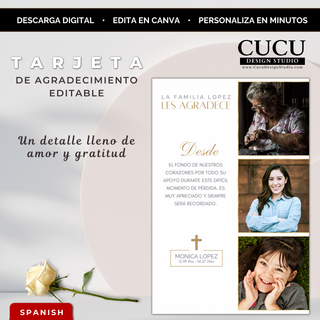 Tarjeta de agradecimiento funeraria editable en Canva con diseño beige y dorado, incluye varias fotos y mensaje personalizado, estilo elegante minimalista, descarga digital inmediata / Editable Canva funeral thank you card template in beige and gold, includes multiple photos and custom message, elegant minimalist style, instant download