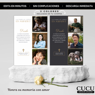 Plantilla de tarjeta funeral con dos estilos incluidos claro y oscuro, diseño elegante con múltiples fotos, editable en Canva, ideal para homenajes personalizados / Funeral thank you card template with two styles included light and dark, elegant multi-photo design, editable in Canva, perfect for personalized memorials