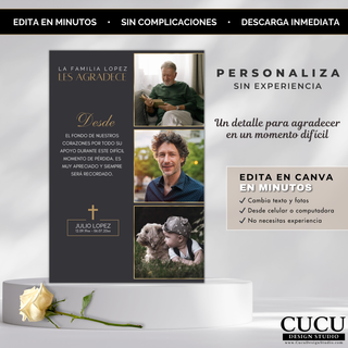 Tarjeta de agradecimiento funeraria editable en Canva con diseño beige y dorado, incluye varias fotos y mensaje personalizado, estilo elegante minimalista, descarga digital inmediata / Editable Canva funeral thank you card template in beige and gold, includes multiple photos and custom message, elegant minimalist style, instant download