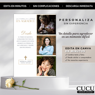 Plantilla funeraria en tonos claros beige con múltiples fotos, diseño limpio y moderno, editable fácilmente desde celular o computadora / Light beige funeral template with multiple photos, clean modern design, easily editable from phone or computer