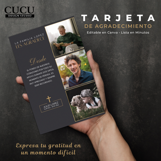 Tarjeta funeraria en mano mostrando diseño oscuro elegante con fotos familiares, ideal para imprimir o compartir digitalmente, estilo moderno / Funeral thank you card held in hand showing elegant dark design with family photos, perfect for printing or digital sharing