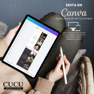 Edición de tarjeta funeraria en Canva desde tablet, personaliza fotos y texto fácilmente con acceso inmediato tras la compra / Editing funeral thank you card in Canva on tablet, easily customize photos and text with instant access after purchase