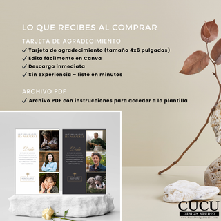 Incluye tarjeta de agradecimiento tamaño 4x6, descarga digital con acceso inmediato y edición fácil en Canva sin experiencia. / Includes 4x6 thank you card, instant digital download with easy editing in Canva, no experience needed.