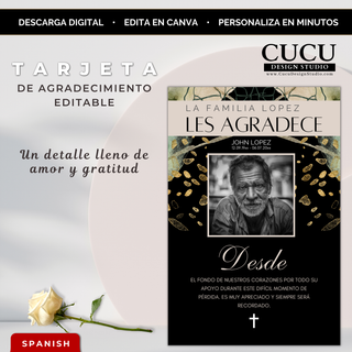 Tarjeta de agradecimiento funeraria editable en Canva con diseño elegante negro y dorado, incluye foto, nombre y mensaje personalizable, descarga digital inmediata / Editable Canva funeral thank you card template with elegant black and gold design, includes photo, name and customizable message, instant download
