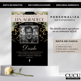 Plantilla de tarjeta funeral en Canva fácil de editar, sin experiencia, descarga inmediata, diseño elegante para agradecer apoyo en momentos difíciles / Canva funeral thank you template easy to edit, no experience needed, instant download, elegant design to express gratitude during difficult times