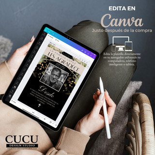 Edición de tarjeta funeraria en Canva desde tablet, personaliza texto y foto fácilmente desde cualquier dispositivo, acceso inmediato tras la compra / Editing funeral thank you card in Canva on tablet, easily customize text and photo from any device, instant access after purchase