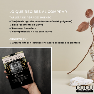 Incluye tarjeta de agradecimiento tamaño 4x6, descarga digital con acceso inmediato y edición fácil en Canva sin experiencia. / Includes 4x6 thank you card, instant digital download with easy editing in Canva, no experience needed.