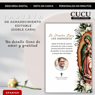 Tarjeta de agradecimiento funeraria con Virgen de Guadalupe en diseño elegante con flores blancas, fondo claro y detalles dorados, incluye foto, nombre y mensaje personalizable, plantilla editable en Canva, descarga digital instantánea / Funeral thank you card with Virgin of Guadalupe design, elegant white floral layout with gold accents, includes photo, name and custom message, editable Canva template, instant download