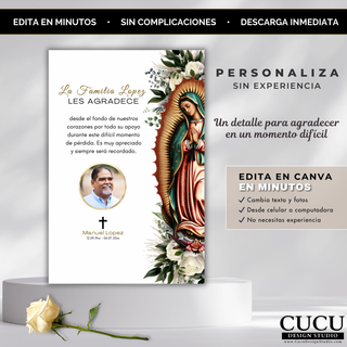 Tarjeta funeraria personalizada con Virgen de Guadalupe mostrando mensaje de agradecimiento y diseño limpio espiritual, ideal para servicios católicos, fácil de editar en Canva desde celular o computadora / Personalized funeral thank you card featuring Virgin of Guadalupe, spiritual elegant layout with gratitude message, perfect for Catholic memorials, easy to edit in Canva on phone or desktop