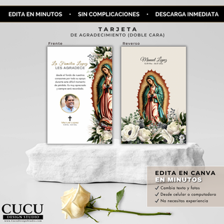 Vista frontal y reverso de tarjeta de agradecimiento funeral doble cara con Virgen de Guadalupe, incluye flores blancas y diseño religioso elegante, editable en Canva, lista para imprimir o compartir digitalmente / Front and back view of double-sided funeral thank you card with Virgin of Guadalupe, white floral religious design, editable in Canva, ready to print or share digitally