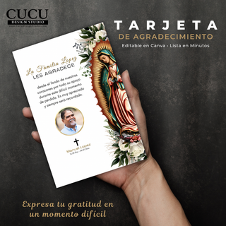Tarjeta de agradecimiento funeral sostenida en mano mostrando diseño realista, elegante con Virgen de Guadalupe, flores y espacio para foto y texto personalizado, plantilla Canva fácil de usar / Funeral thank you card mockup in hand, elegant design with Virgin of Guadalupe, floral accents and customizable photo and text, easy Canva template