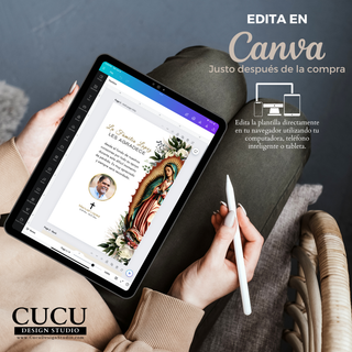 Plantilla de tarjeta funeraria editable en Canva mostrada en tablet, fácil de personalizar con texto y fotos, ideal para crear recuerdos significativos en minutos, descarga digital / Editable funeral thank you card template displayed on tablet in Canva, easy to customize text and photos, create meaningful memorial in minutes, instant download