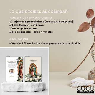 Incluye tarjeta de agradecimiento tamaño 4x6, descarga digital con acceso inmediato y edición fácil en Canva sin experiencia. / Includes 4x6 thank you card, instant digital download with easy editing in Canva, no experience needed.
