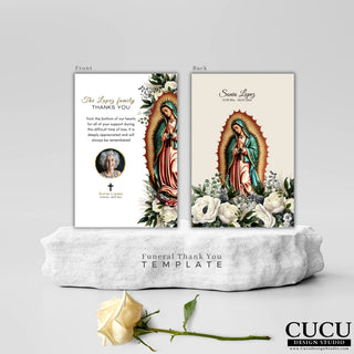 La Virgen Maria funeral template, canva template, funeral program templates, Spanish funeral program templates,  obituary online funeral thank you template - canva, personalized funeral thank you card template, nuestra señora de Guadalupe,  tarjetas de imprimir de la Virgen María, remembrance funeral service card templates - canva, service card funeral - canva, instant download funeral cards - canva, cucu design studio