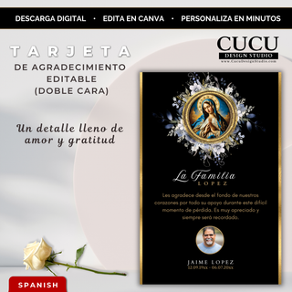 Tarjeta de agradecimiento funeraria elegante con Virgen de Guadalupe, fondo negro con detalles dorados y flores, diseño espiritual con foto y mensaje personalizable, plantilla editable en Canva, descarga digital instantánea / Elegant funeral thank you card with Virgin of Guadalupe, black background with gold accents and floral details, customizable photo and message, editable Canva template, instant download