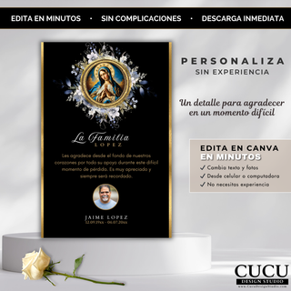 Tarjeta funeraria personalizada con diseño negro y dorado con Virgen de Guadalupe, mensaje de agradecimiento y estilo sofisticado, ideal para servicios católicos, fácil de editar en Canva / Personalized funeral thank you card in black and gold with Virgin of Guadalupe, elegant gratitude message, perfect for Catholic memorial services, easy to edit in Canva