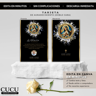 Vista frontal y reverso de tarjeta de agradecimiento funeral doble cara con diseño negro dorado y Virgen de Guadalupe, plantilla Canva lista para imprimir o compartir digitalmente / Front and back view of double-sided funeral thank you card with black and gold design and Virgin of Guadalupe, Canva template ready to print or share digitally