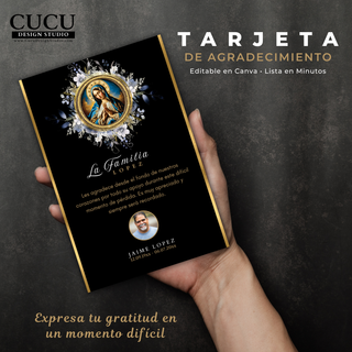 Tarjeta de agradecimiento funeral sostenida en mano mostrando diseño elegante negro con detalles dorados y Virgen de Guadalupe, incluye foto personalizada, plantilla Canva fácil de usar / Funeral thank you card held in hand, black elegant design with gold accents and Virgin of Guadalupe, includes customizable photo, easy Canva template