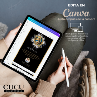 Plantilla de tarjeta funeraria editable en Canva mostrada en tablet, diseño negro elegante con Virgen de Guadalupe, fácil de personalizar con texto y fotos en minutos / Editable funeral thank you card template displayed on tablet in Canva, elegant black design with Virgin of Guadalupe, easy to customize text and photos in minutes