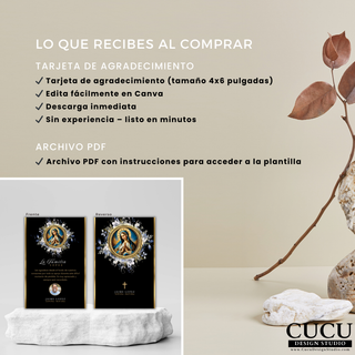 Detalles del producto tarjeta de agradecimiento funeral tamaño 4x6 pulgadas, edición en Canva, descarga inmediata y archivo PDF incluido, diseño religioso elegante / Funeral thank you card product details showing 4x6 size, Canva editing, instant download and PDF instructions included, elegant religious design