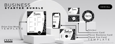 Bundle starter pack for small business, paquete para emprendedores, business card, thank you card, price list, tarjeta de presentación, lista de precios, gracias por tu compra, Canva templates, plantillas Canva, cucu design studio