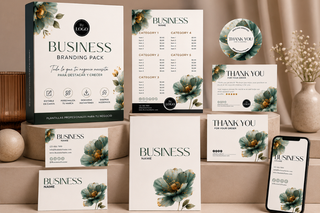 A branded business presentation pack displayed in a styled studio setup, including a box, cards, a round sticker, and a smartphone mockup. The design features a cream background with large teal and green floral illustrations and dark green text.