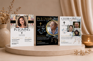Elegant funeral invitation card templates with photo memorial designs for funeral service and celebration of life