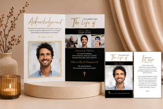 Funeral program and memorial prayer card templates with elegant black and gold design for funeral services