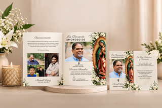 Programa de funeral con diseño conmemorativo y plantillas editables en Canva para homenajes y servicios funerarios.