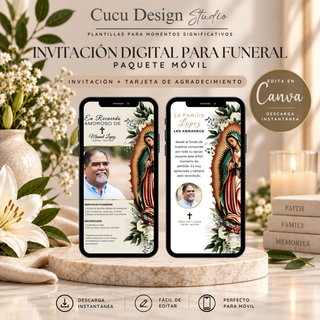 Invitación digital para funeral y tarjeta de agradecimiento editable en Canva, paquete móvil con diseño religioso