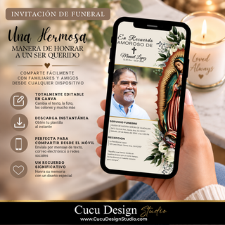 Invitación digital de funeral editable en Canva, diseño con Virgen de Guadalupe y fotografía del ser querido