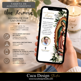 Tarjeta digital de agradecimiento por funeral editable en Canva con Virgen de Guadalupe y fotografía del ser querido