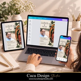 Invitación digital de funeral editable en Canva desde computadora, tablet o teléfono móvil