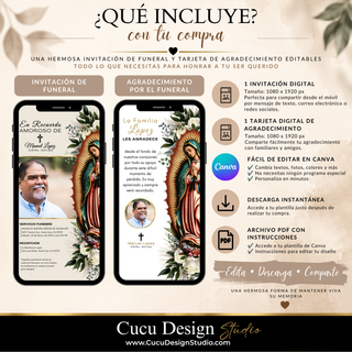Paquete digital para funeral con invitación y tarjeta de agradecimiento editables en Canva
