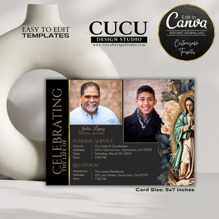 Virgin Mary, Virgen de Guadalupe, Funeral card template, funeral announcement, Catholic funeral card, celebration of life, sympathy card, funeral service announcement, in loving memory, en memoria de, anuncio de funeral Virgin de Guadalupe, Customizable funeral cards, Plantilla de funeral, cucu design studio