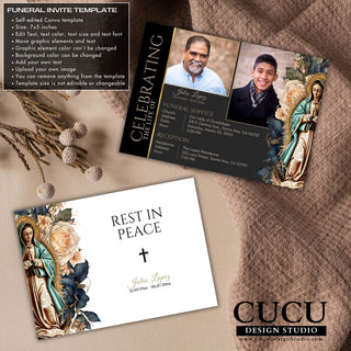 Double sided funeral announcement card, editable celebration of life card, template funeral card, Canva funeral card, plantillas Canva funeral, en memoria de, en paz descanse, Catholic funeral card, in loving memory, Virgin Mary card, Rest in peace, cucu design studio