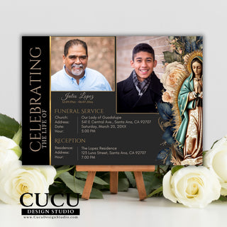 Virgin Mary, Virgin de Guadalupe, Funeral card template, funeral announcement, Catholic funeral card, celebration of life, sympathy card, funeral service announcement, in loving memory, en memoria de, anuncio de funeral Virgen de Guadalupe, Customizable funeral cards, Plantilla de funeral, cucu design studio