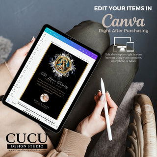 English memoria de, misa para difuntos invitacion, invitacion para funeral, Virgen Mary celebration of life, Virgen Mary in loving memory, Virgen Mary Sympathy template, Virgen Mary Sympathy template, Canva funeral templates, Spanish Canva funeral templates, Canva Virgen Mary funeral Card, Canva Our Lady of Guadalupe Spanish Template, Cucu Design Studio, Celebracion de Misa para difunto, Cucu Design Studio, CucuDesignStudio.com